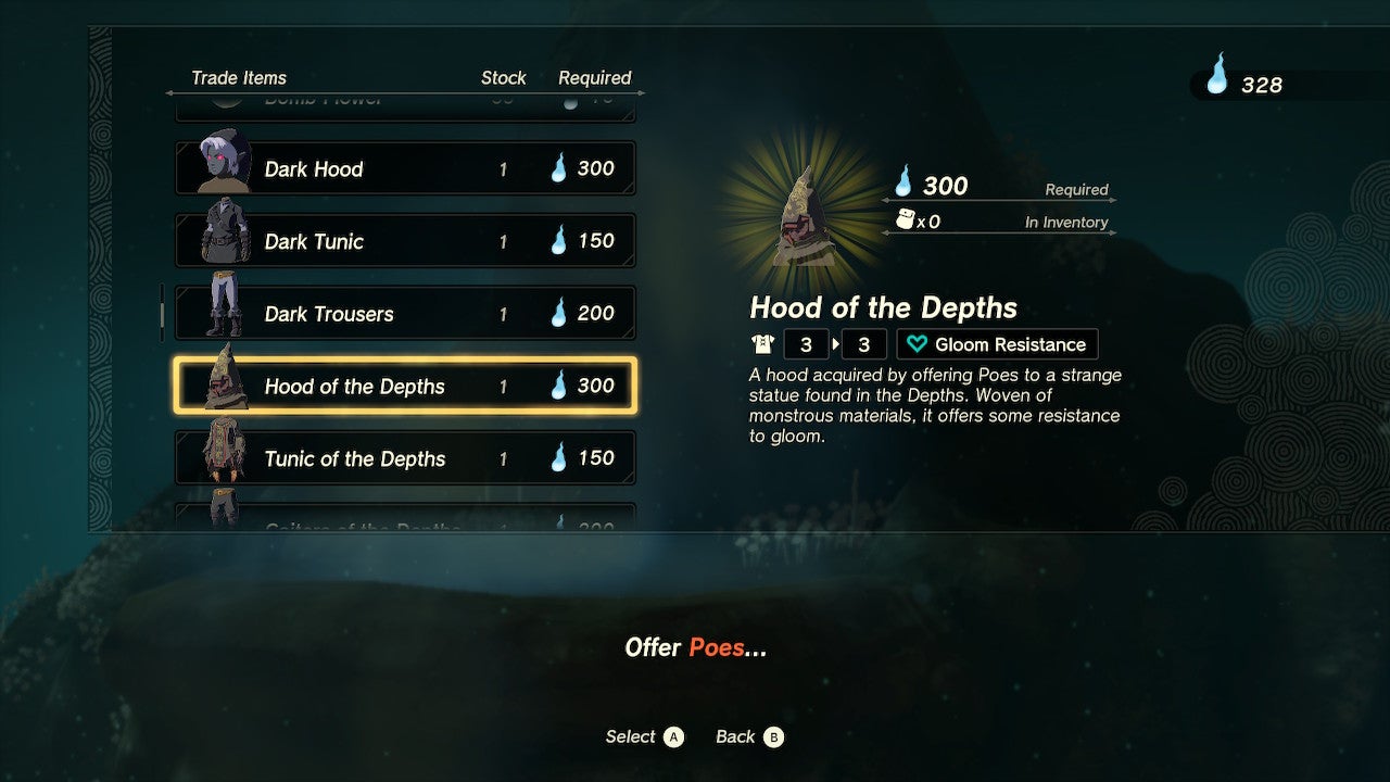 A Bargainer Statue menu screen in Tears of the Kingdom which lets players exchange Poes for a Hood of the Depths.