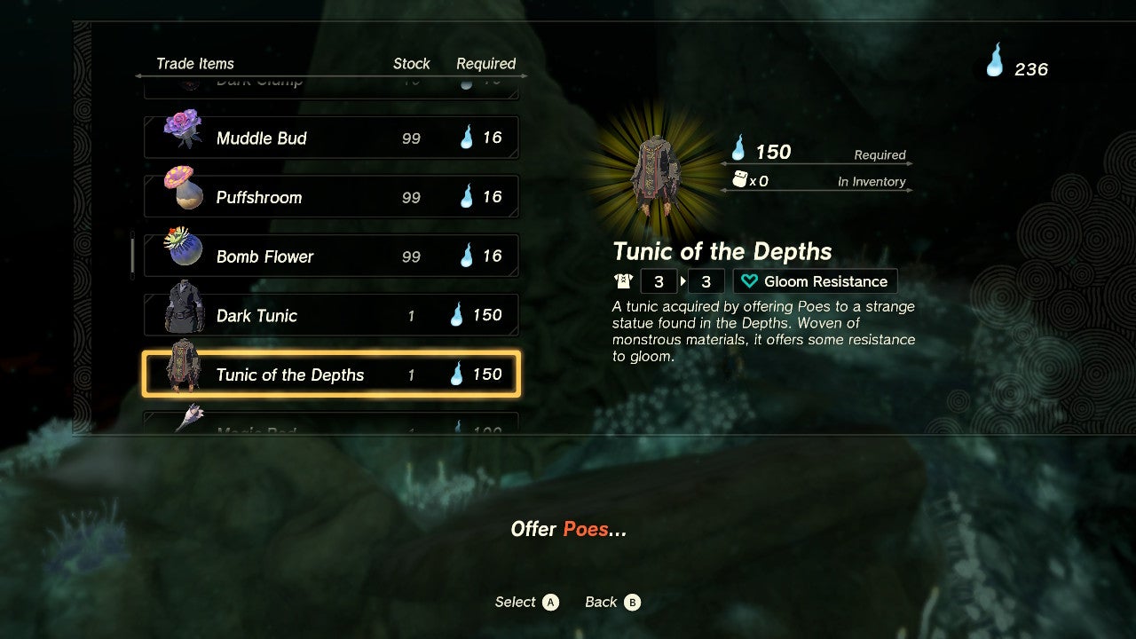 A Bargainer Statue menu screen in Tears of the Kingdom which lets players exchange Poes for a Tunic of the Depths.