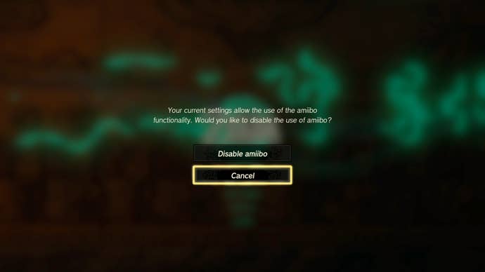 A screen from Zelda: Tears of the Kingdom showing that players can choose whether or not Amiibo functionality is enabled