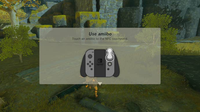 A screen depicting where to place the Amiibo to unlock it in Zelda: Tears of the Kingdom