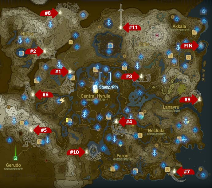 A map with all locations of memories marked in Zelda: Tears of the Kingdom