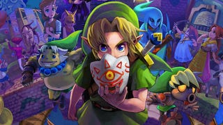 An illustration for Zelda game Majora's Mask, with hero Link standing close to the viewer holding Majora's Mask over half of their face.