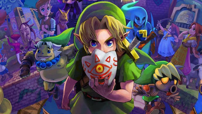 An illustration for Zelda game Majora’s Mask, with hero Link standing close to the viewer holding Majora’s Mask over half of their face.