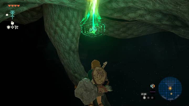 In Zelda: Tears of the Kingdom, Link walks through the depths. All is black save for the area immediately in front of him.