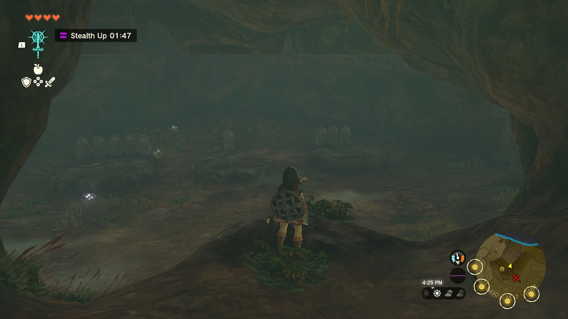 Link almost at the location of the Barbarian Helm in the Robred Dropoff Cave in The Legend of Zelda: Tears of the Kingdom.