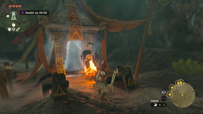 Link approaching a shrine at the Walnot Mountain Cave where players will find the Barbarian Leg Wraps.