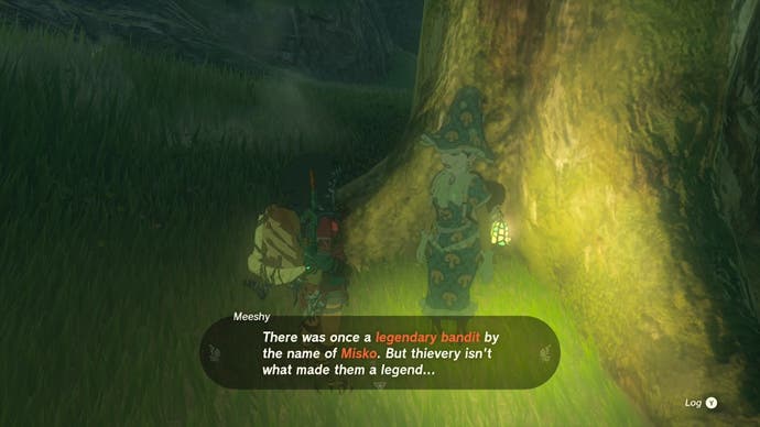 Link talking to Meeshy, a character who helps players find the Barbarian Armor in The Legend of Zelda: Tears of the Kingdom.