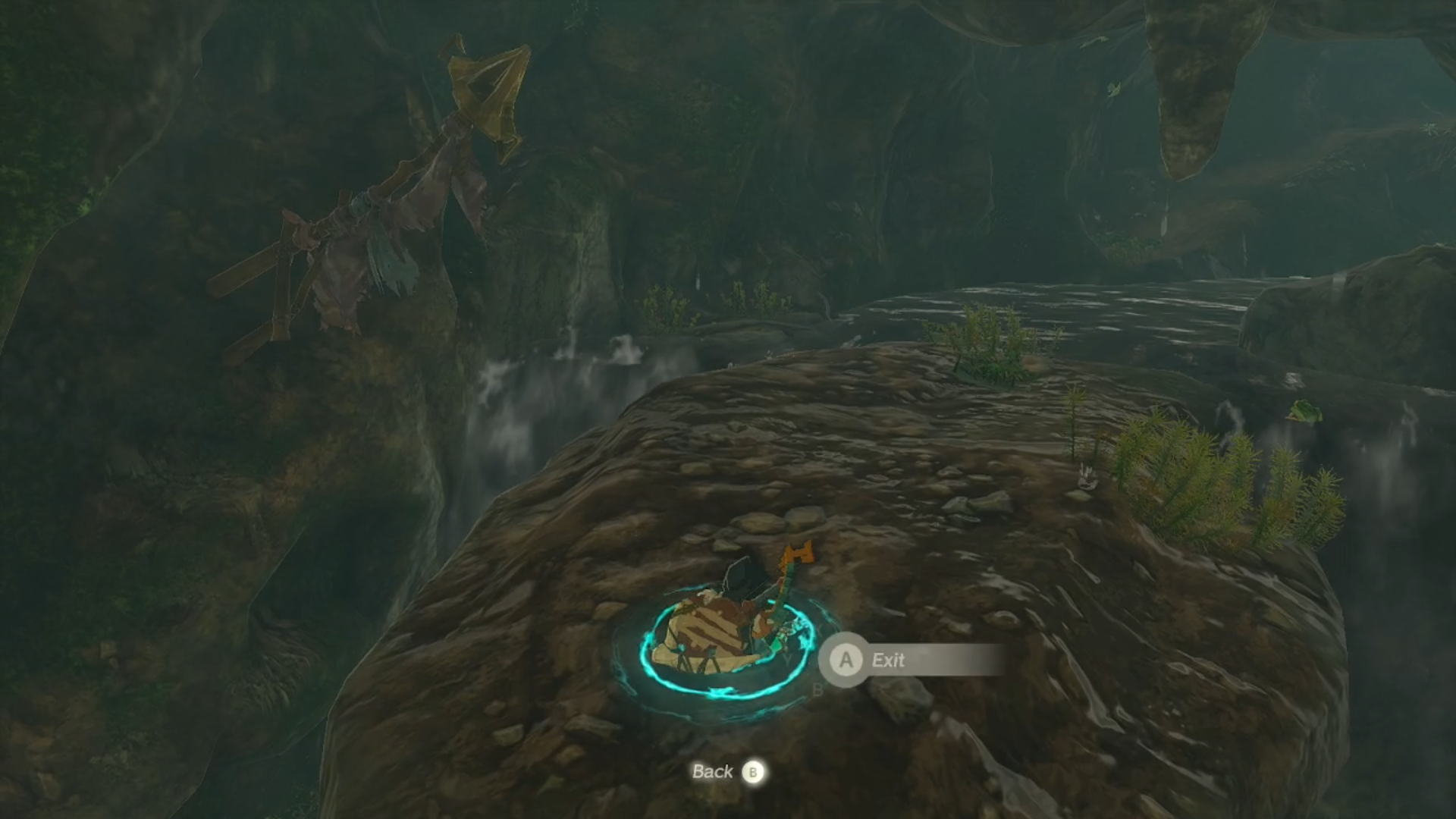 Link using the Ascend ability to get to a higher level in the North Hyrule Plain Cave in Tears of the Kingdom.