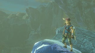 Link standing on a rock as he wears the Climbing Gear Set in The Legend of Zelda: Tears of the Kingdom.