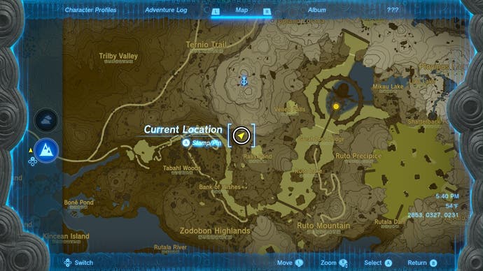 Map showing the location of the Upland Zorana Byroad cave in The Legend of Zelda: Tears of the Kingdom.