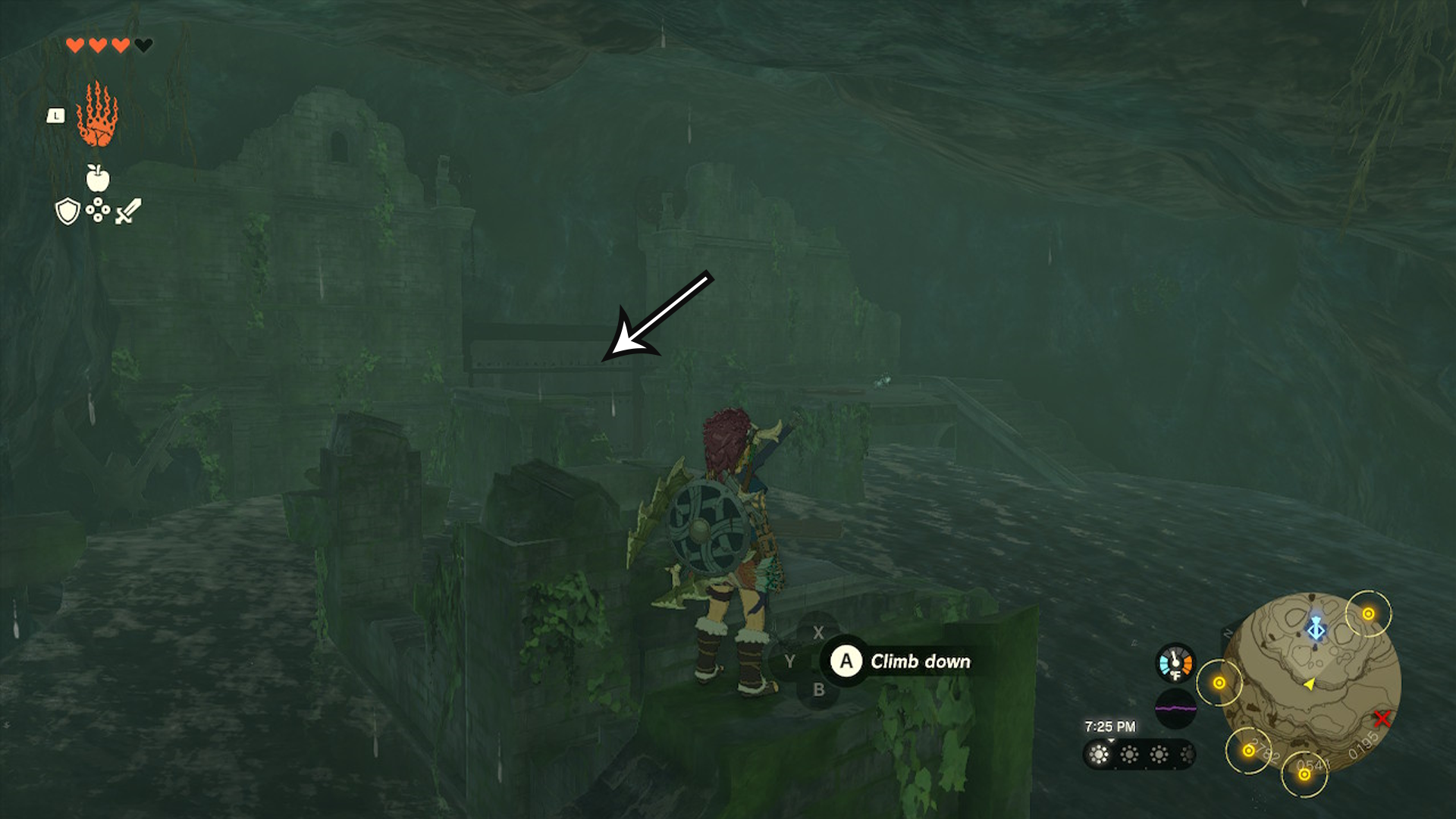 Link exploring the last section of the Upland Zorana Byroad cave with an arrow pointing at where players need to go.