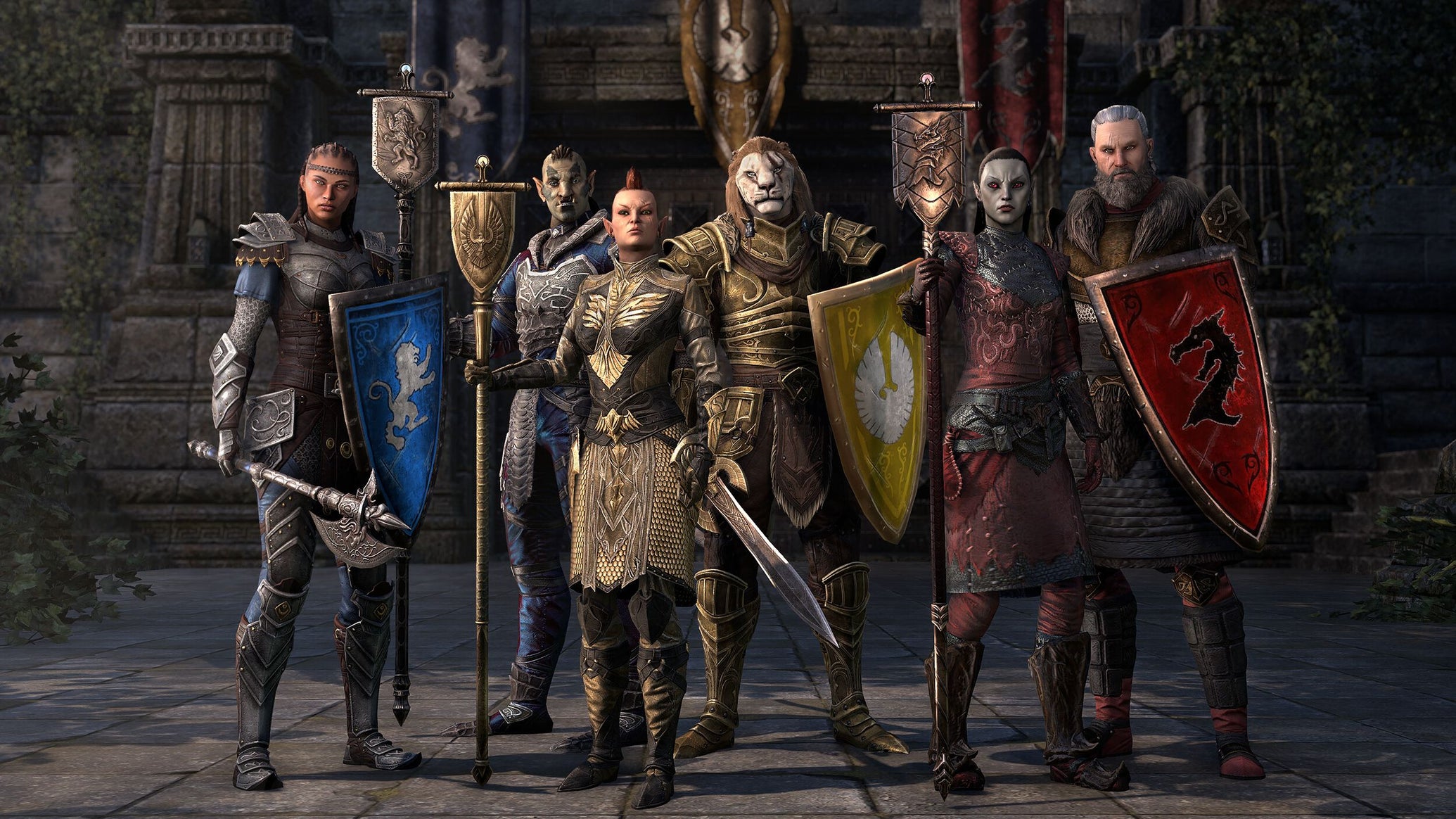 A band of six warriors and mages stand united, showing their banners and facing the camera. - 1
