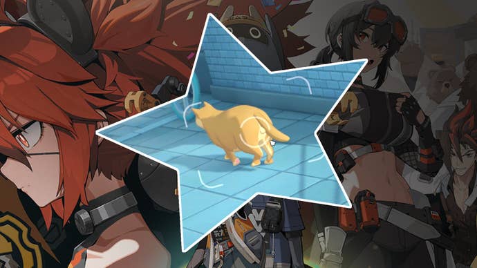 Zenless Zone Zero artwork overlaid with an in-game image of a cat and its jiggle physics testicles.