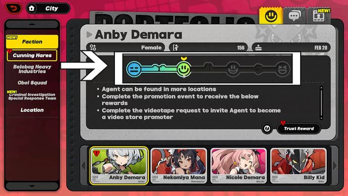 zenless zone zero agent archive trust level bar highlighted