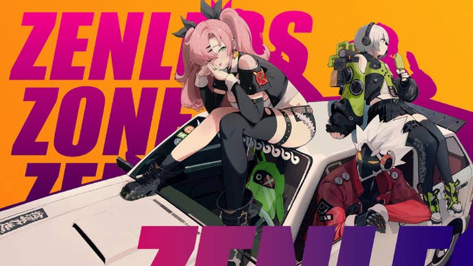 Zenless Zone Zero announcement banner image, showing two anime ladies and a robot man eating ice lollies and hanging out on the hood of a car.