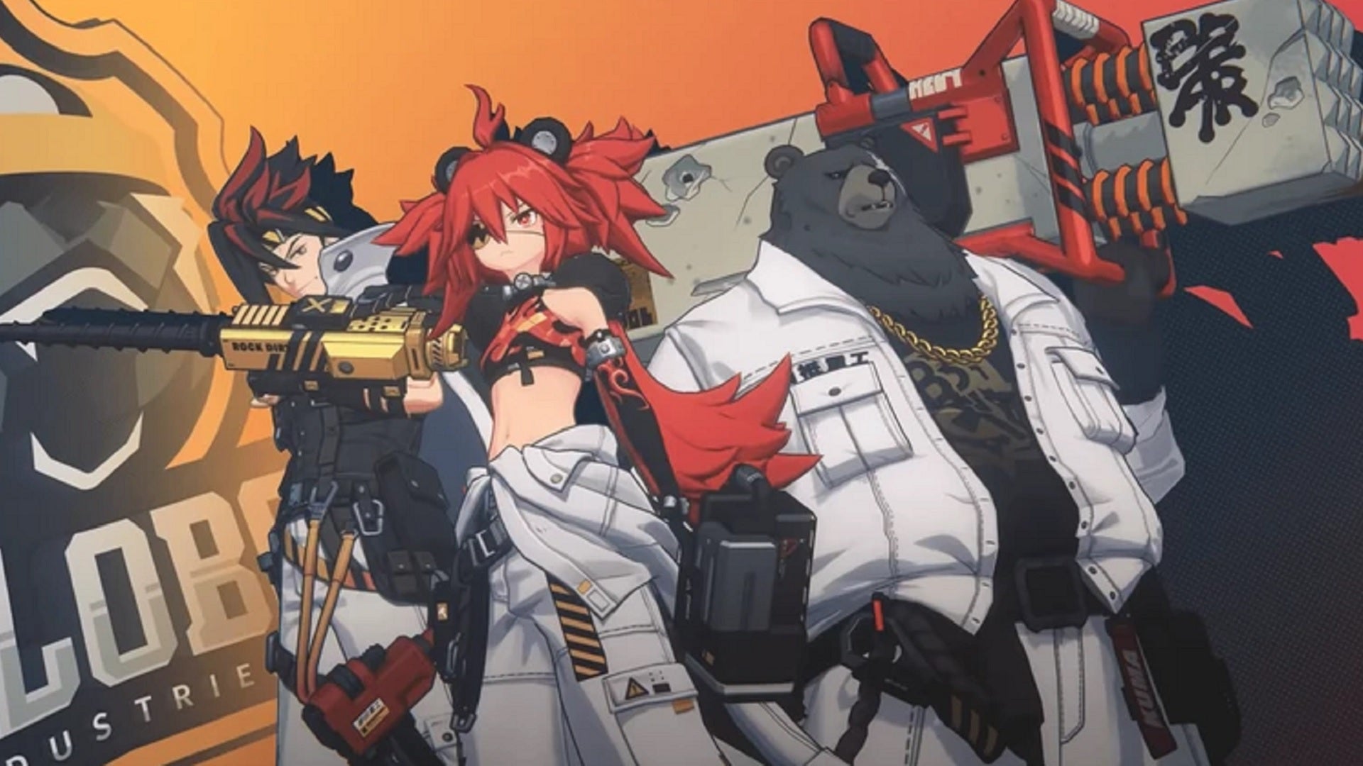 Anton, Koleda, and Ben pose against an orange background with their weapons and logo on display. - 5