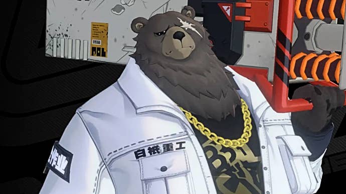 Ben Bigger from Zenless Zone Zero, holding his pillar shield over his left shoulder