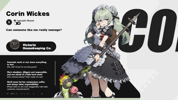 zenless zone zero official Corin Wickes character profile from Hoyoverse