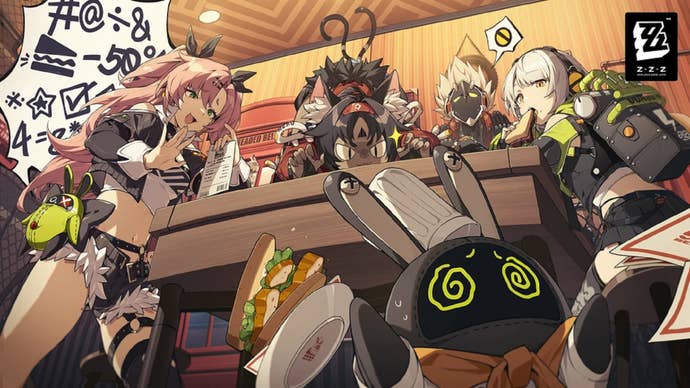 Nicole, Nekomata, Billy, and Anby in a restaurant, teasing a Bangboo with the prospect of getting eaten (or maybe just paying the bill).