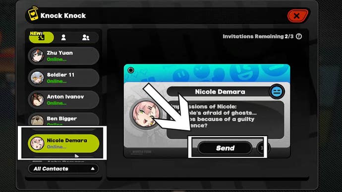 zenless zone zero dm contact menu invite agent option highlighted
