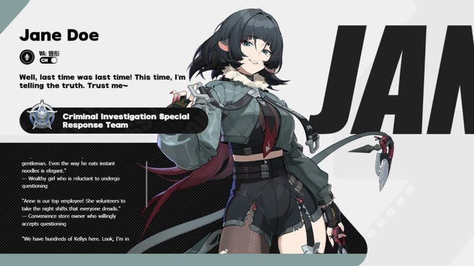 zenless zone zero jane doe character profile screenshot