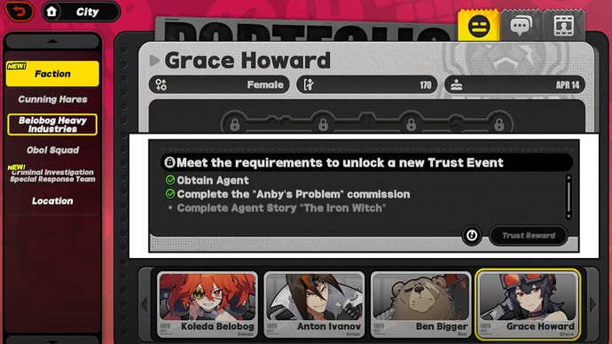 zenless zone zero partner archive grace howard trust unlock requirements