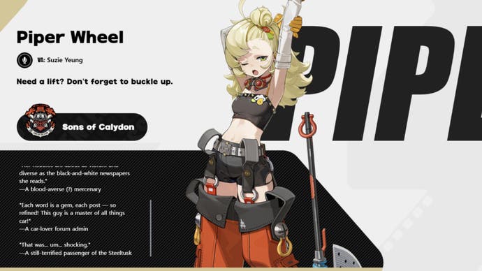 Official Piper Wheel character profile from Zenless Hoyoverse Zone Zero