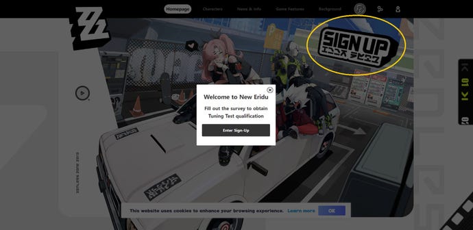 Zenless Zone Zero beta test sign-up page, with the huge yet somehow not-at-all-obvious sign up button highlighted.