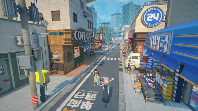 Sixth Street in Zenless Zone Zero, showing NPCs walking through an urban street environment with a coffee shop and other businesses on display.