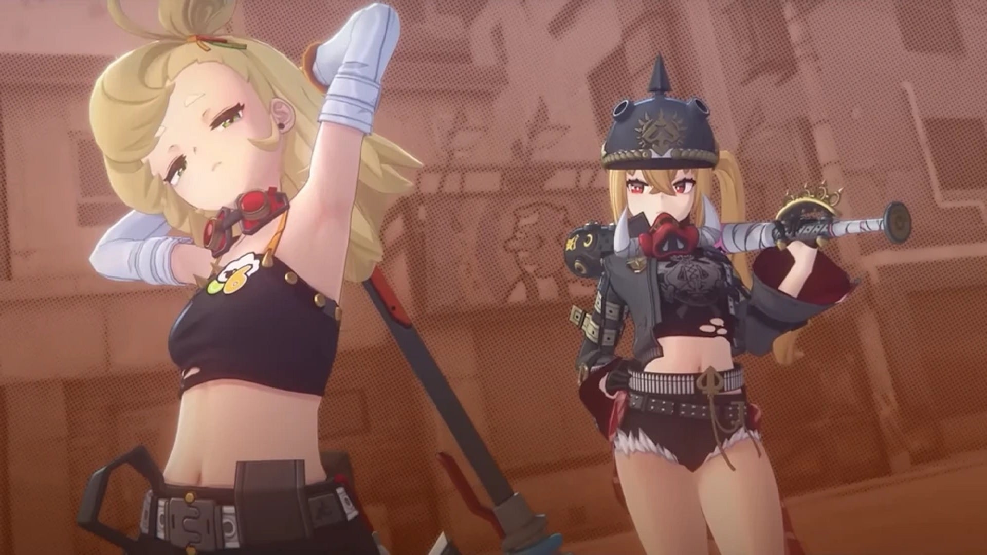 Piper and Lucy pose in their revealing biker outfits against a stylised orange-red background. - 9