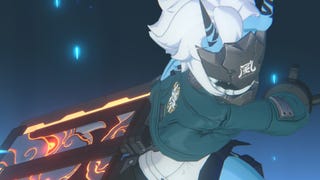 zenless zone zero soukaku with mask on holding sword behind them in swinging gesture