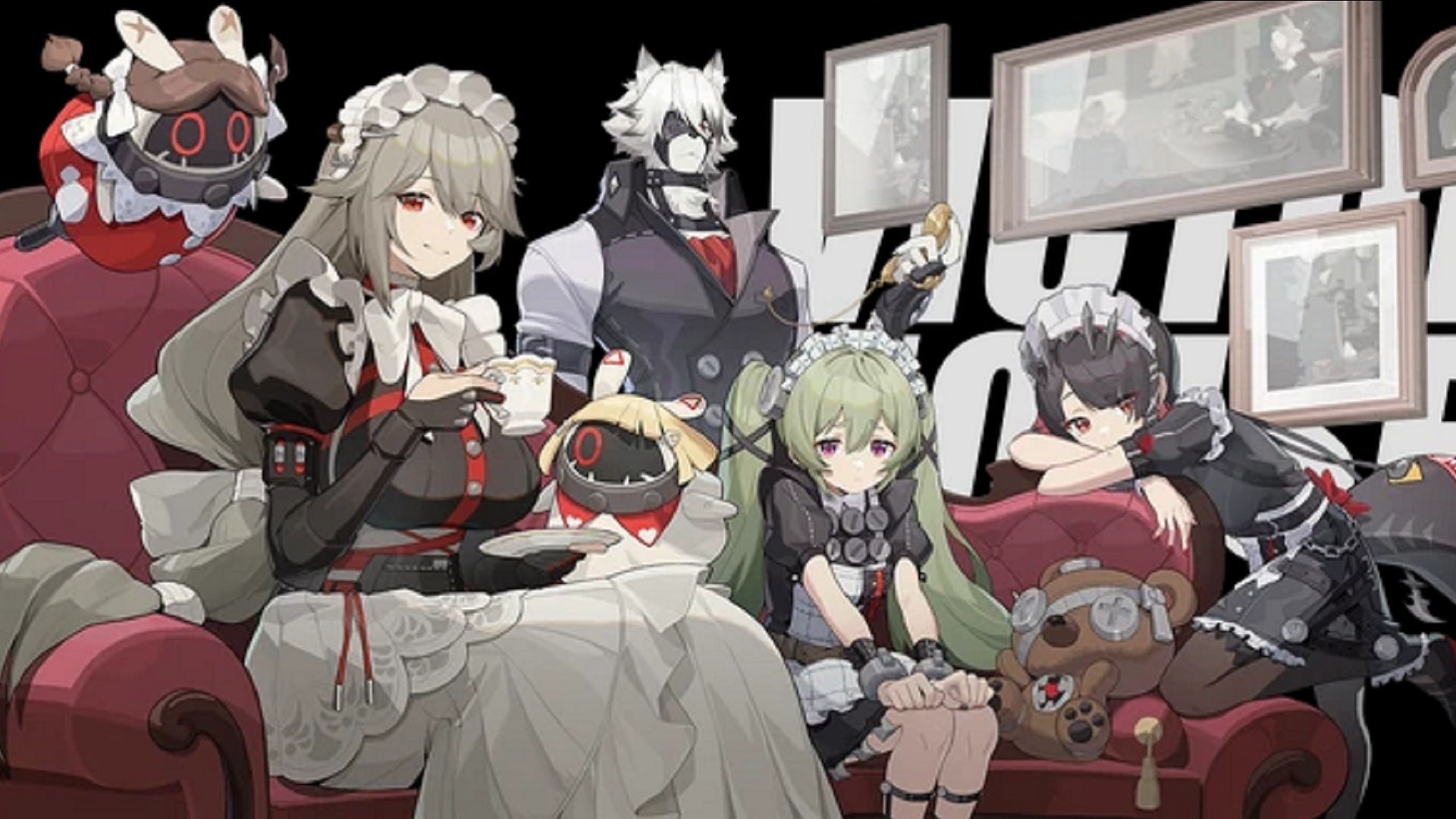 The Agents of the Victoria Housekeeping faction pose in a pared-back living room setting with a red sofa and portraits on the backdrop (l-r: Rina with Drusilla and Anastella, Lycaon, Corin, and Ellen). - 4