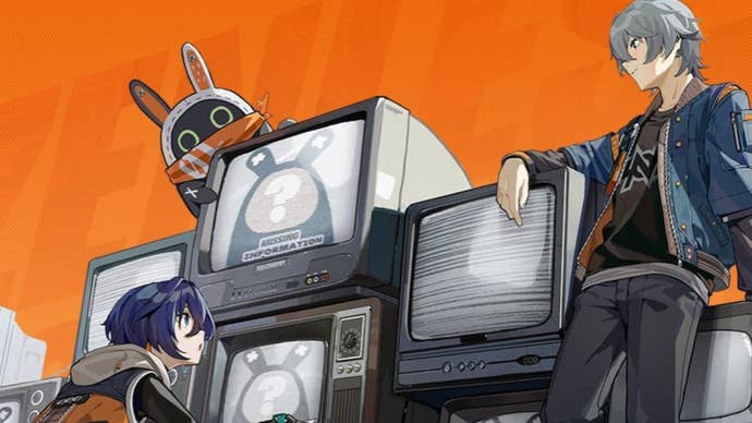 zenless zone zeror characters standing by stack of old tvs