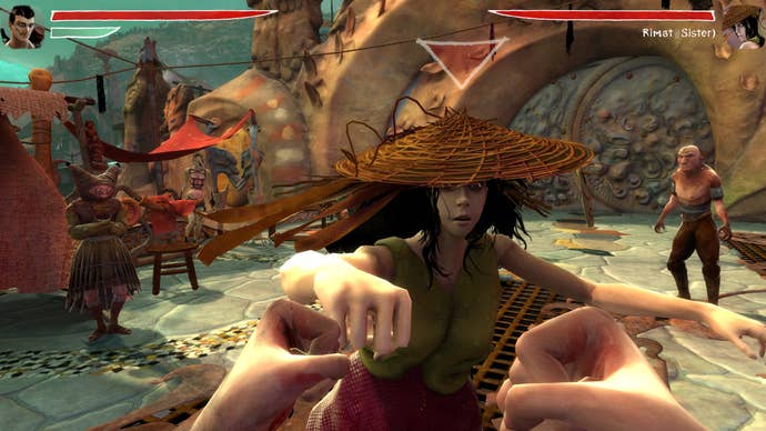 First-person fisticuffs in a Zeno Clash screenshot.