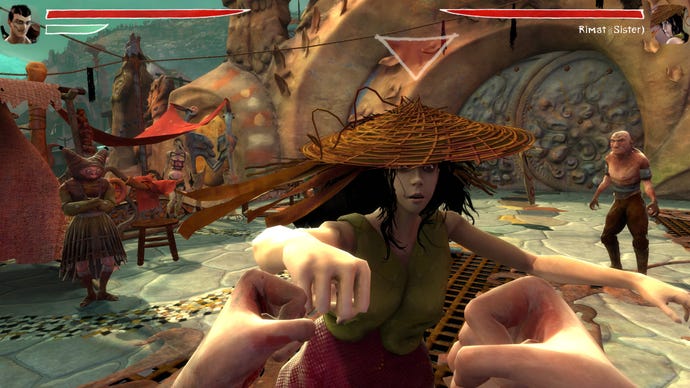 First-person fisticuffs in a Zeno Clash screenshot.