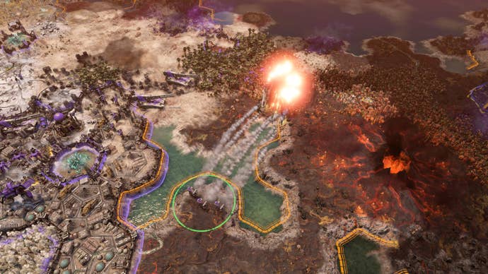 Missile teams bombard a warship, knocking it out of the sky.