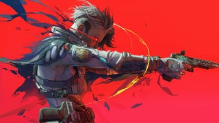 Zephyr, a female character from FragPunk with short hair pointing a pistol to the side on a bright red background