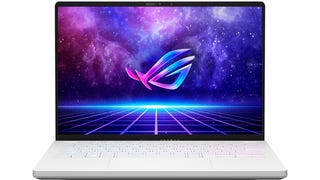 a picture of a slim, white 14-inch gaming laptop, the Asus ROG Zepyhrus G14.