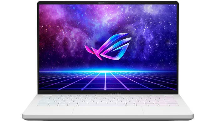 a picture of a slim, white 14-inch gaming laptop, the Asus ROG Zepyhrus G14.