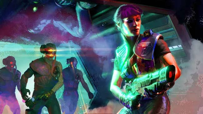 System Shock artwork showing female Hacker in smoke-filled sci-fi environment