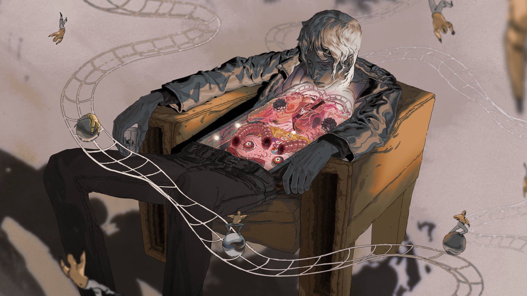 Zero Parades: For Dead Spies official illustration of a depressed man slumped in an armchair, with his stomach open show
