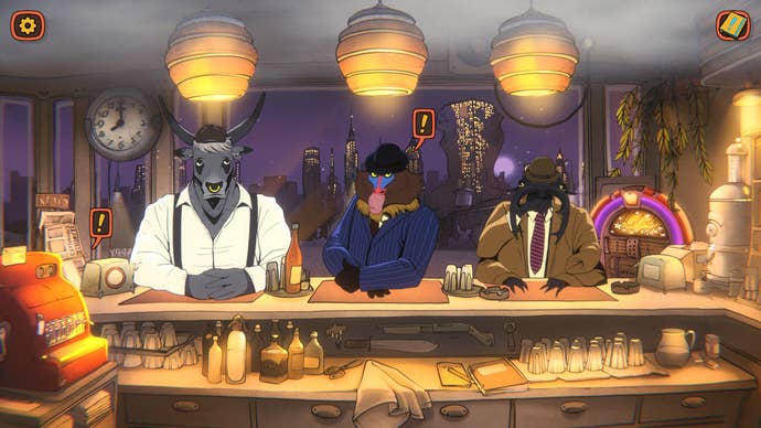 Animal characters sit at the bar in narrative coffee-and-chat game Zipp’s Cafe