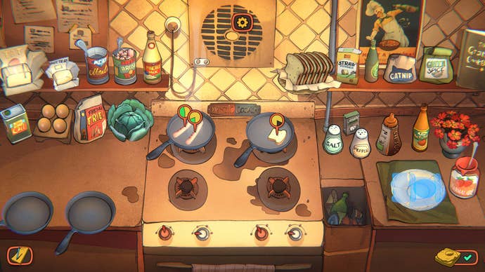 The player completes a minigame to cook frying pans of food in cafe management sim Zipp’s Cafe