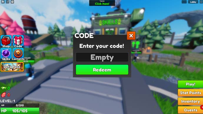 The codes menu in the Roblox game Zombie Hunters.