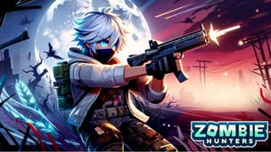 Artwork for Roblox game Zombie Hunters showing a masked anime character firing a gun in a post-apocalyptic setting.