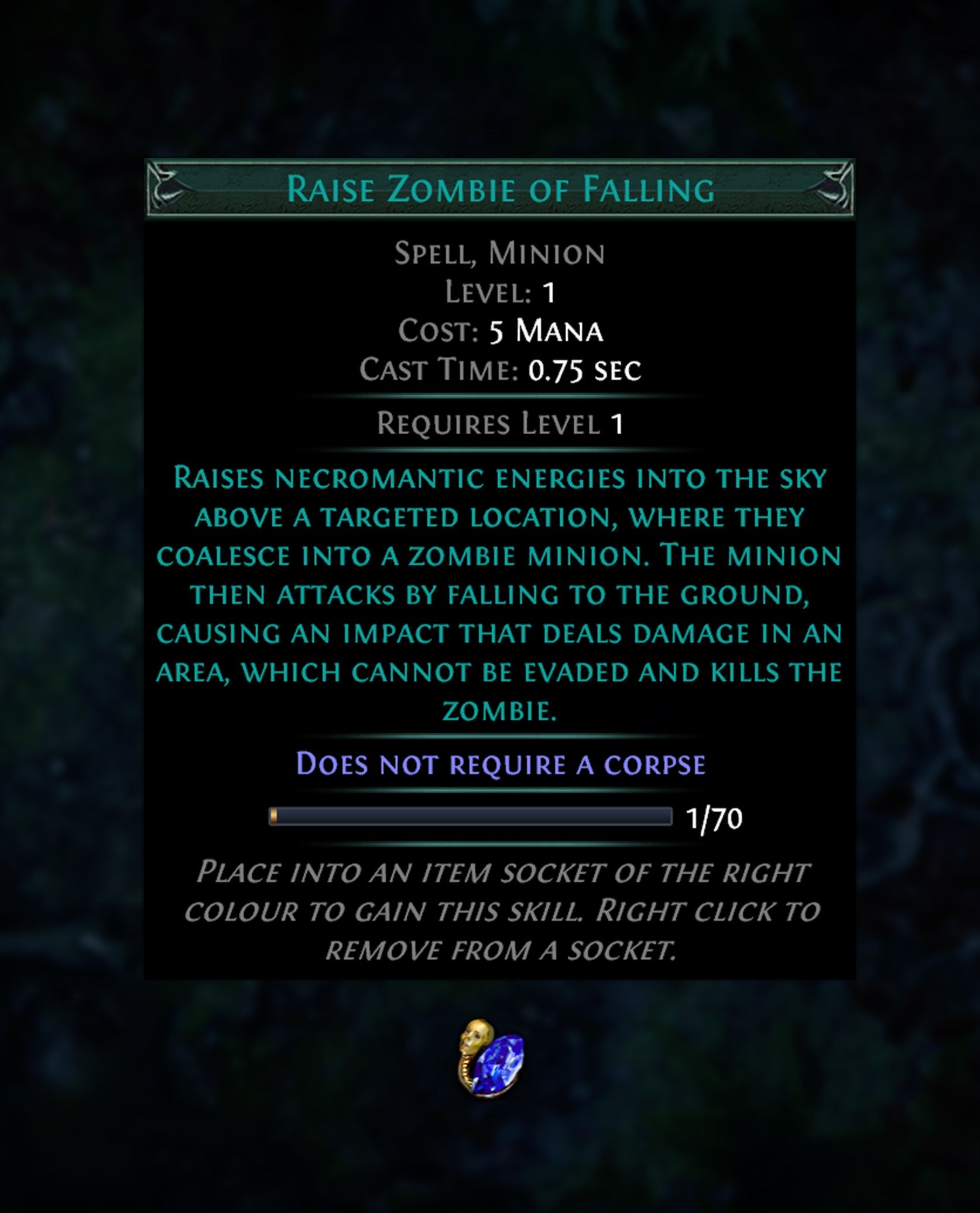 A text box from Path of Exile 1 showing the ability &ldquo;Raise Zombie of Falling&rdquo;, which essentially creates a zombie in the sky that then crashes down into the earth and damages anyone it hits. Like a meteor. A fleshy zombie meteor.