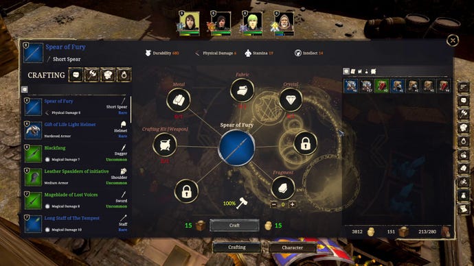 The crafting screen in Zoria: Age Of Shattering
