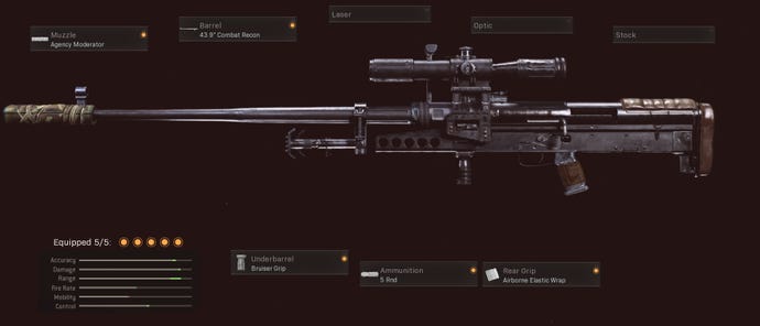 This ZRG 20mm sniper has the agency moderator, 43.9 inch combat recon, bruiser grip, 5 round mag, and airborne elastic wrap attachments.