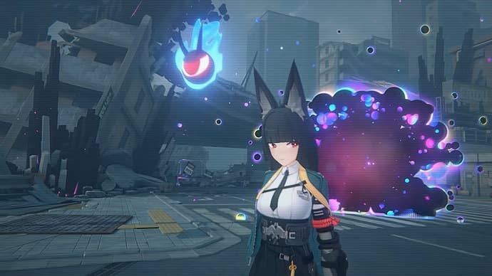 Miyabi from Zenless Zone Zero, leaving a Hollow with her sword spirit - a blow glowing orb of fire - floating over her right shoulder