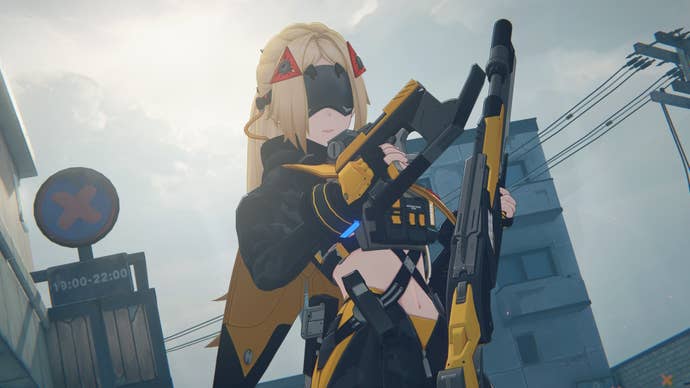 Trigger from Zenless Zone Zero, a sniper wearing an eye mask and holding a large gun